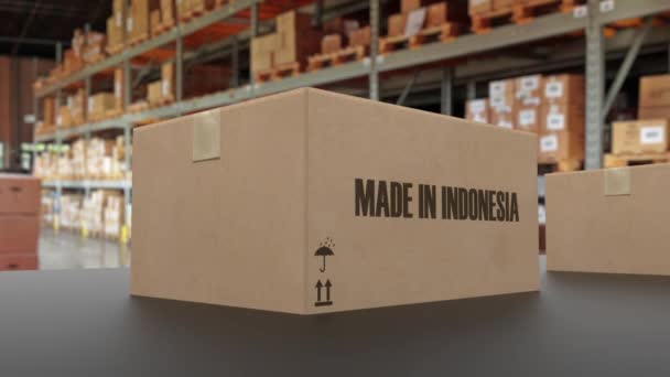 Pudełka z MADE IN INDONESIA tekst na przenośniku. Indonezja towarów związanych pętli animacji 3D - Materiał filmowy, wideo