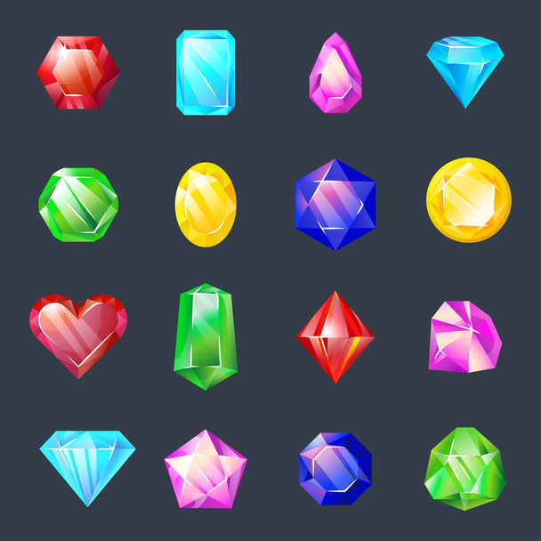 Herní krystaly. Zářící barevné šperkovnice. Sada drahých kamenů. Kreslené krystaly - Vektor, obrázek