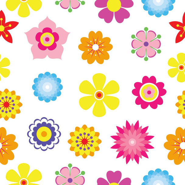Jarní květiny bezešvé vzor pozadí. Jednoduché barevné květinové ikony v jasných barvách. Dekorativní sbírka siluet květin. Vodorovný bílý prapor. Vektorová ilustrace - Vektor, obrázek