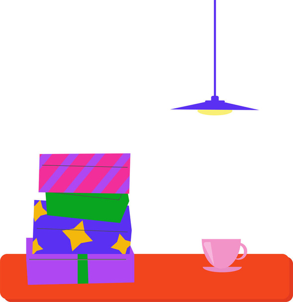 Много подарков на праздник Новый год или Рождество. Горячий кофе или чай в чашке на столе, лампа в мансарде стиле. Комфорт и гармония. Векторная плоская i - Вектор,изображение