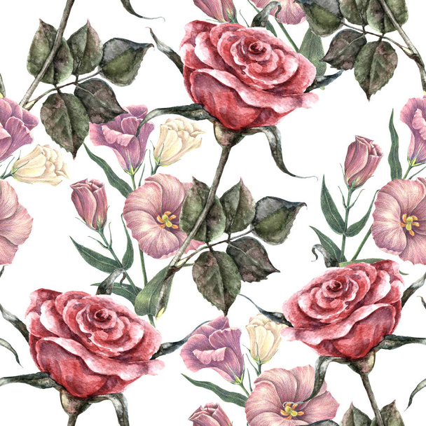 Tuinbloemen roos met Ierse roos geschilderd in aquarel op witte achtergrond. Naadloos patroon voor decoratie. - Foto, afbeelding