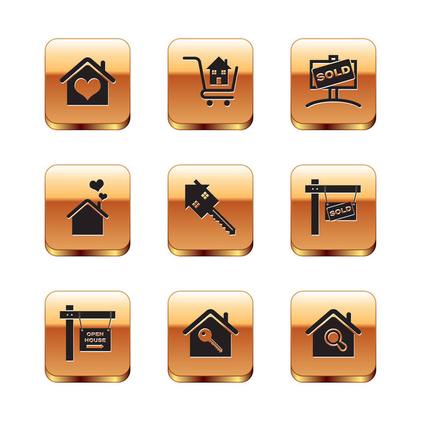 Set House com forma de coração, sinal de suspensão Casa aberta, chave, Vendido, Pesquisa e ícone de carrinho de compras. Vetor - Vetor, Imagem