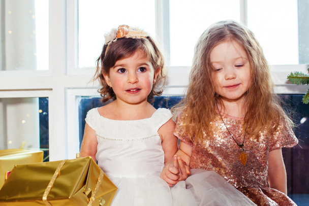 Zwei kleine Freundinnen mit Geschenk in der Nähe des Weihnachtsbaums - Foto, Bild