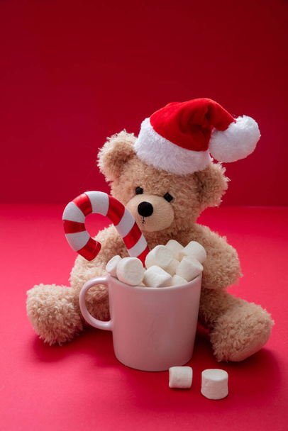 Santa Teddy és karácsonyi forró ital, csokoládé bögre mályvacukorral és cukornád piros színű háttér,  - Fotó, kép