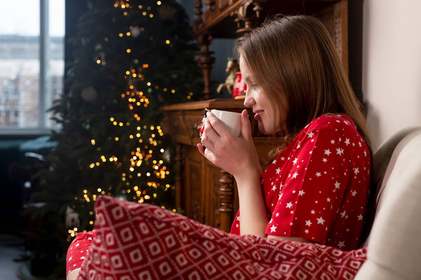 Woman with tea cup in hands, sitting in chair at cozy home with fir tree on Christmas holidays - Fotografie, Obrázek