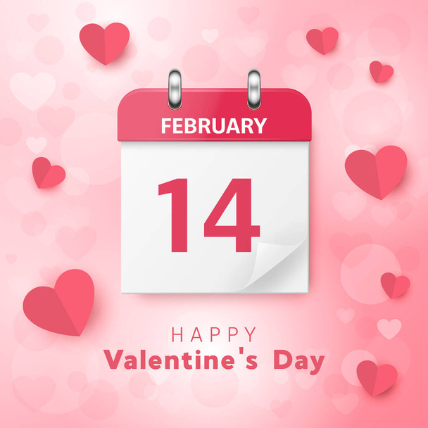 Vector 3d Realistic Valentines Day Paper Pink Calendar, February 14, Folded Paper Corner of Sheet. Valentine s Day, Couple, Love Concept. Beautiful Valentines Card, Banner, Wall Calendar, Background - Wektor, obraz