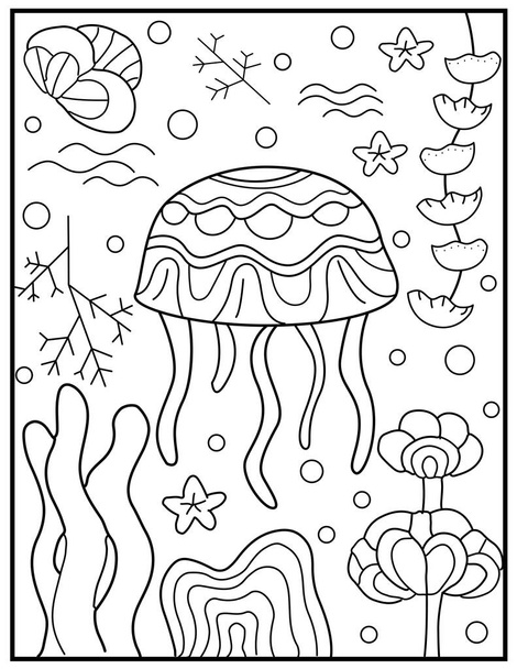 Meduza, ilustracja meduzy. Podwodne życie w morzu, oceanie. Ręcznie rysowane kolorowanki dla dzieci i dorosłych. Piękne proste rysunki z wzorami. Kolorowanki zdjęcia książki z rybami. Wektor - Wektor, obraz