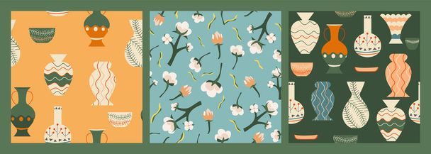 Collection of Seamless patterns with ceramic and pottery, cotton flowers. Trendy design for wallpaper, textile design, packing, fabric. Vintage classical design, clay decor. Terracotta design  - Vector, Image