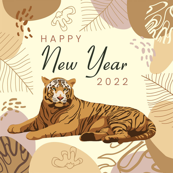 Καλή Χρονιά 2022! Ευχετήρια κάρτα με απεικόνιση τίγρης. Τετράγωνο σχήμα. Κινέζικο σύμβολο. Άγριο ζώο, ζούγκλα, σαφάρι. Αγριόγατα, αρπακτικό αιλουροειδών. Ιστορικό ζωολογικού κήπου - Διάνυσμα, εικόνα
