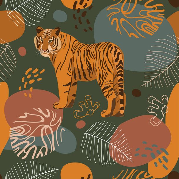 Zökkenőmentes trópusi minta tigrissel, levelek. Afrikai háttér. Tervezés tapéta, textil design, csomagolás, textil, szövet. Trópusok, paradicsom, üdülő téma. Vadmacska, macska - Vektor, kép