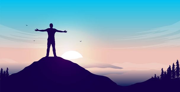 Mentaal geluk - Man op bergtop met open armen verwelkomen een nieuwe dag met zonsopgang en prachtig uitzicht. Vectorillustratie - Vector, afbeelding