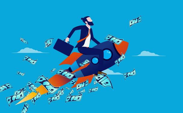 Profitable business startup - Businessman on rocket flying to the sky with profits. The sky is the limit and success concept. Vector illustration. - Vektor, kép