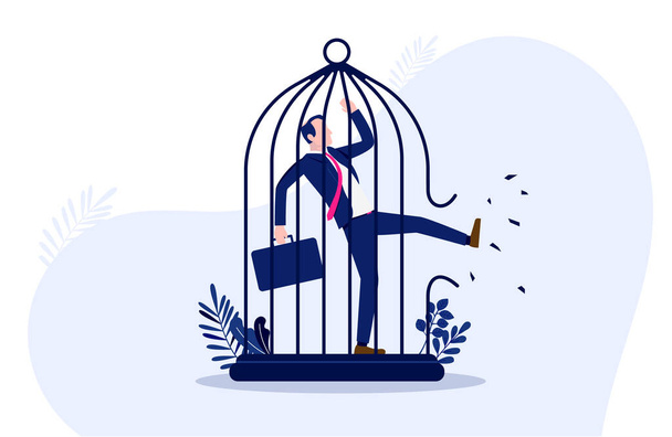 Безкоштовна метафора - Бізнесмен у пташиній клітці, що штовхає свій шлях до свободи. Векторні ілюстрації
. - Вектор, зображення