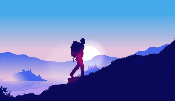 Clear your mind by walking in nature - Silhouette of man walking with backpack up hill, with sunrise in background. Vector illustration. - Вектор,изображение