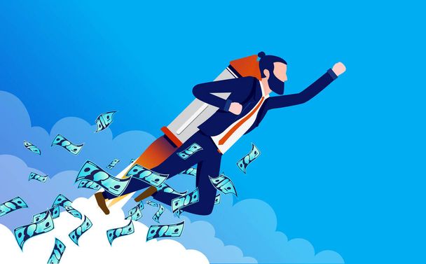 Uomo d'affari con successo finanziario - Uomo con jet pack che vola nel cielo blu con un sacco di soldi. Concetto di motivazione aziendale e professionale. Illustrazione vettoriale. - Vettoriali, immagini