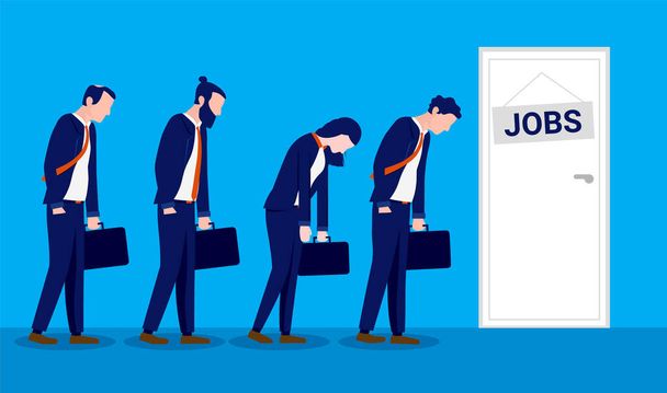 Unemployment line - Sad business people looking for work outside door with the word jobs. Unemployed concept. Vector illustration. - Vector, Image