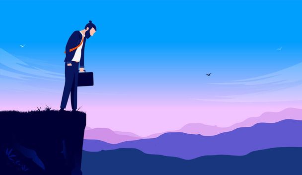 Businessman about to give up - Desperate man on edge of cliff looking sad and depressed. Business despair and crisis concept. Vector illustration. - Vettoriali, immagini