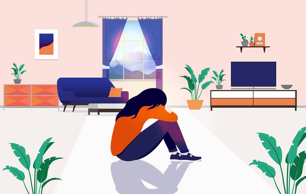 Μοναξιά στο σπίτι - Θλιβερή γυναίκα κάθεται μόνη στο πάτωμα, υποφέρει από κατάθλιψη και αισθάνεται μοναξιά. Απομόνωση και παραμονή στο σπίτι ακούσια έννοια. Εικονογράφηση διανύσματος. - Διάνυσμα, εικόνα