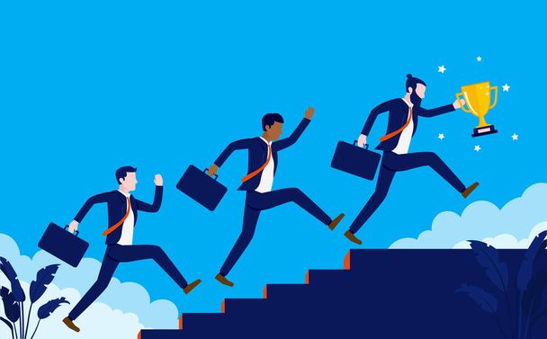 Team running to the top - Three business people running up stairs towards goal, leader has trophy in hand. Teamwork and winning concept. Vector illustration. - Вектор,изображение