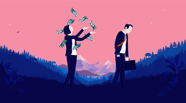 Successful woman with higher salary than man throwing money in air. Reversed gender inequality. Vector illustration. - Вектор,изображение