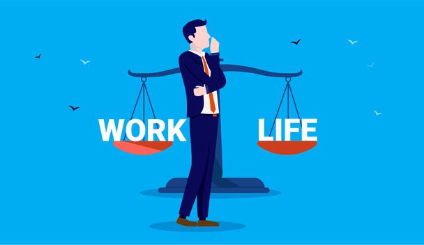 Work life balance concept with businessman contemplating over life choices. Vector illustration. - Вектор,изображение