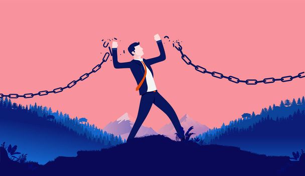 Break free business - Podnikatel lámání řetězy ke svobodě na vrcholu kopce. Vektorová ilustrace. - Vektor, obrázek