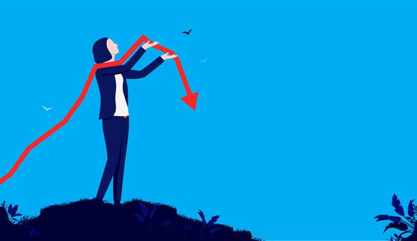 Businesswoman with arrow pointing down - Woman standing outdoors holding a falling graph arrow in hands. Financial loss and failing business concept. Vector illustration. - Vector, Imagen