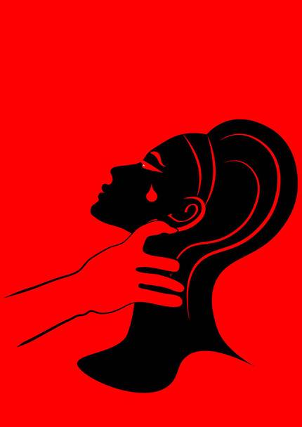 Illustration sur le thème de la violence domestique : une main d'homme tient une femme par la gorge, une femme pleure, une larme coule sur son visage. Minimalisme, graphisme. Élément de conception - Vecteur, image
