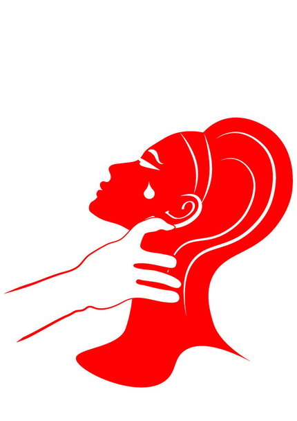 Illustration zum Thema häusliche Gewalt - eine männliche Hand hält eine Frau an der Kehle, eine Frau weint, eine Träne fließt über ihr Gesicht. Minimalismus, Grafik. Gestaltungselement - Vektor, Bild