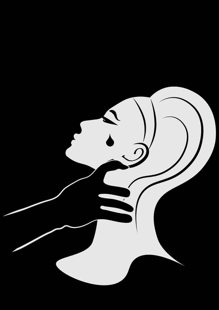 Illustration on the theme of domestic violence - a man hand holds a woman by the throat, a woman cries, a tear flows down her face. Minimalism, graphics. Design element - Διάνυσμα, εικόνα