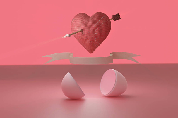 3D-Illustration. Öffnen Sie Gumball Kapsel im Inneren Amor Herzpfeil. Konzept aus rotem Herzen - Foto, Bild