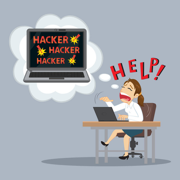  Шокована бізнес-леді, сидячи за столом з текстовою хакерською атакою на екрані, Ілюстрація Векторний мультфільм
 - Вектор, зображення