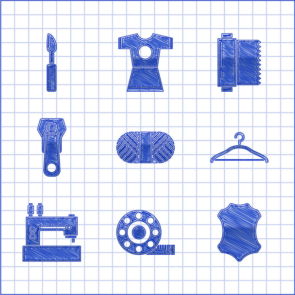 Conjunto de hilo de coser en carrete, cinta métrica, cuero, guardarropa, máquina, cremallera, rollo de tela textil y el icono de la herramienta de corte. Vector - Vector, Imagen