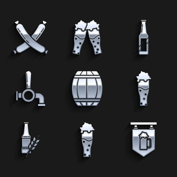 Set barril de madera, vaso de cerveza, letrero de calle con vidrio, botella de cerveza, grifo e icono de salchicha cruzada. Vector - Vector, imagen