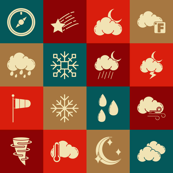 Set Cloud, Windy weather, Storm, with moon and stars, Snowflake, rain, rose and icon. Vector - Вектор,изображение