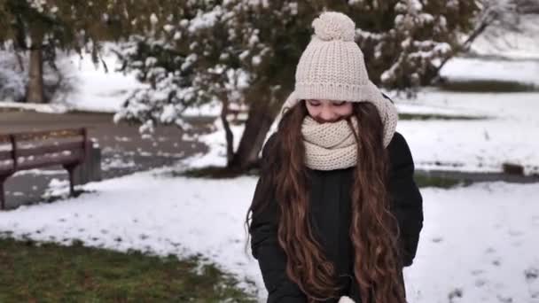 Gelukkige vrouw wandelt in het winterbos - Video