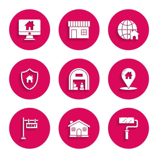 Set Warehouse, House, Paint roller brush, Map pointer with, Hanging sign text Rent, shield, Globe symbol and Computer monitor smart home icon. Vector - Vetor, Imagem
