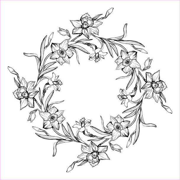 Spring wreath with hand drawn flowers outline daffodil. - Διάνυσμα, εικόνα