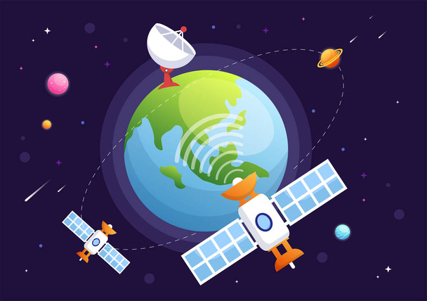Τεχνητές Δορυφόροι σε τροχιά γύρω από τον πλανήτη Γη με ασύρματη τεχνολογία Global 5G Internet Network Satellite Communication in Flat Background Illustration - Διάνυσμα, εικόνα
