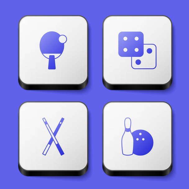 Set Racket, Hra kostky, Crossed kulečník narážky a bowling pin a koule ikona. Bílý knoflík. Vektor - Vektor, obrázek