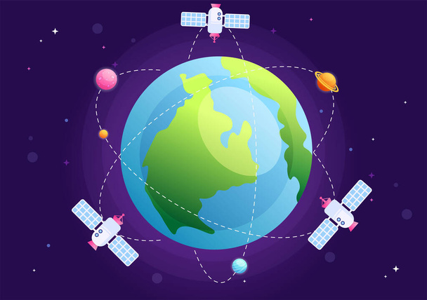 Sztuczne satelity orbitujące wokół planety Ziemia za pomocą technologii bezprzewodowej Globalna sieć 5G Internet Komunikacja satelitarna w płaskim tle Ilustracja - Wektor, obraz