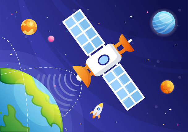 Artificial Satellites Orbiting the Planet Earth with Wireless Technology Global 5G Internet Network Satellite Communication in Flat Background Illustration - Vector, Image