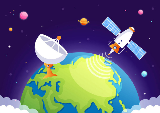 Τεχνητές Δορυφόροι σε τροχιά γύρω από τον πλανήτη Γη με ασύρματη τεχνολογία Global 5G Internet Network Satellite Communication in Flat Background Illustration - Διάνυσμα, εικόνα