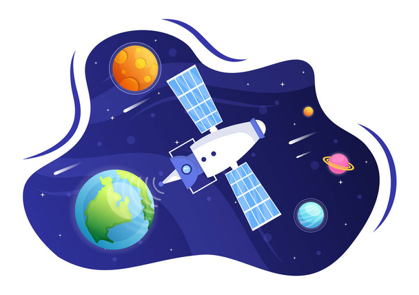 Satélites Artificiales Orbitando el Planeta Tierra con Tecnología Inalámbrica Red Global de Internet 5G Comunicación por Satélite en Fondo Plano Ilustración - Vector, Imagen