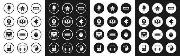 Set Like and heart, Create account screen, Web camera, Microphone, Piece of puzzle, Star, Computer mouse gaming and Portable video game console icon. Vector - Vettoriali, immagini