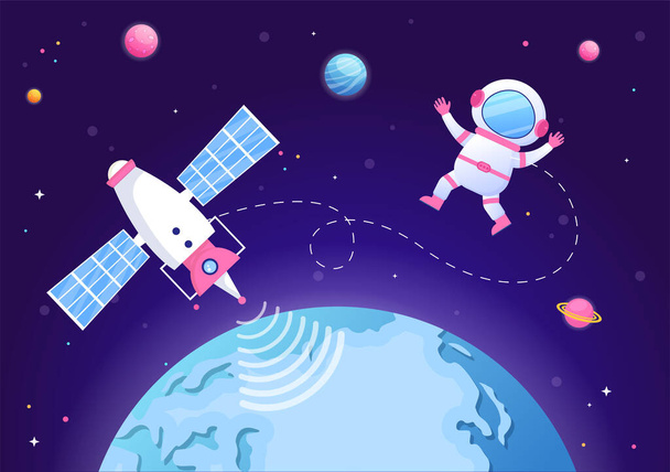 Satélites Artificiales Orbitando el Planeta Tierra con Tecnología Inalámbrica Red Global de Internet 5G Comunicación y Astronauta en Fondo Plano Ilustración - Vector, imagen