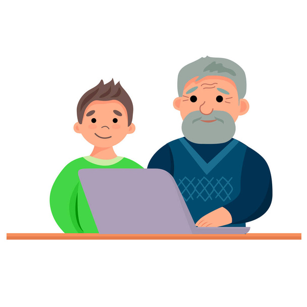 Grand-père et petit-fils utilisent un ordinateur portable. Illustration vectorielle en style dessin animé sur fond blanc. - Vecteur, image