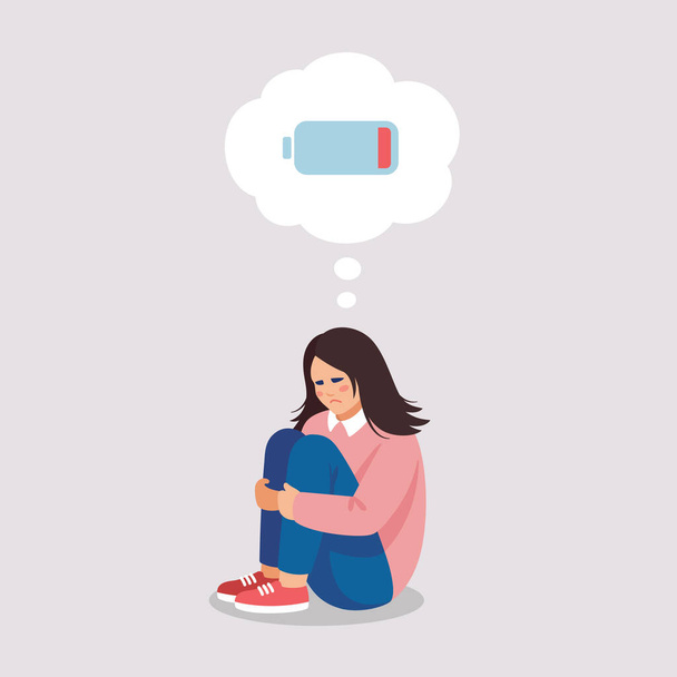 Tired girl suffers by symptoms of depressive disorder, no energy, owerworked. - Vector, Image
