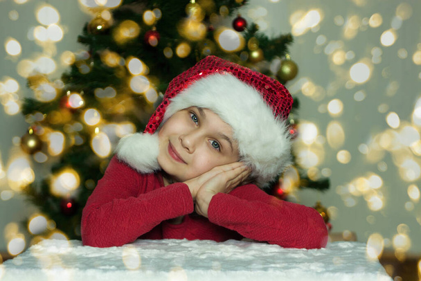 Portrait of a smiling girl in a Santa hat under the Christmas tree. Smiling girl - Fotoğraf, Görsel