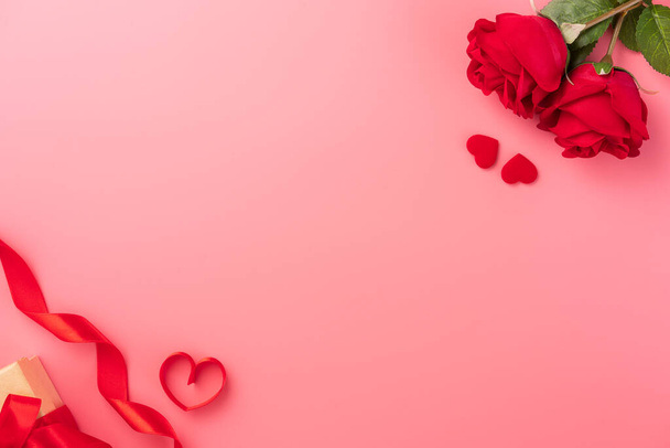 Giving present and celebration concept at Valentine's day, anniversary, mother's day and birthday surprise on pink background, copyspace, topview - Foto, Bild